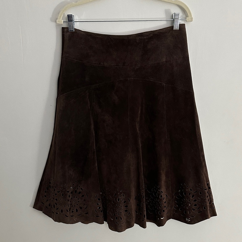 Lilly Pulitzer Brown Suede A-Line Skirt Size 4 Laser Cut Hem 100% Leather
